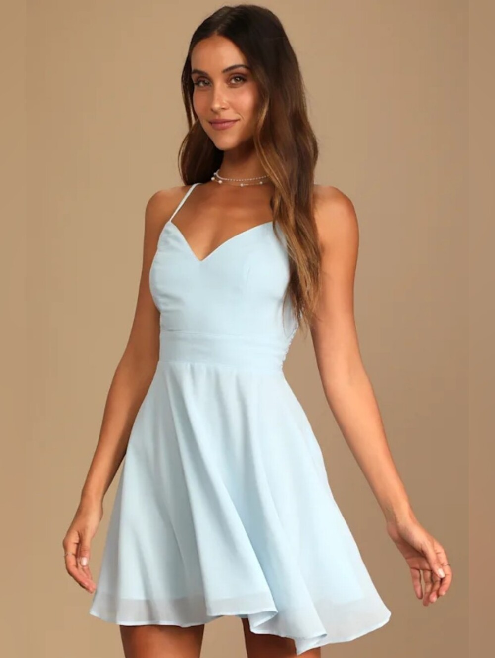Lulus Flirting with Forever Light Blue Lace Button Back Skater Dress